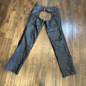 Women’s FMC Black Leather Motorcycle Chaps XXXS Fully Lined Adjustable 28–35''